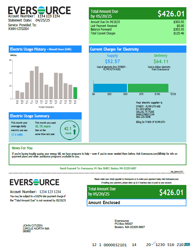 download download USA Eversource utility bill template in Word and PDF formats PDF template PDF template